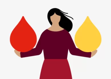 illustration of a woman holding red and yellow droplets in each hand