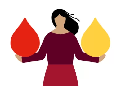 illustration of a woman holding red and yellow droplets in each hand