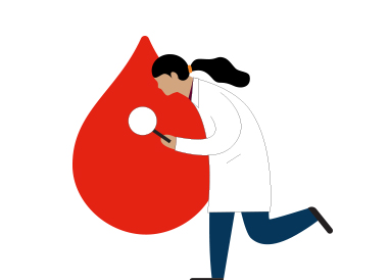 illustration of a scientist holding a magnifying glass and leaning over in front of a large red blood drop
