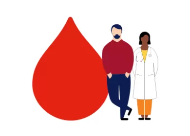 illustration of two people standing next to a giant red blood droplet