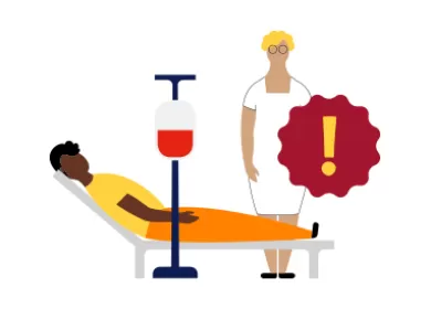 illustration of a man receiving a transfusion with a doctor standing beside him