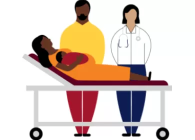Thumbnail of a pregnant lady lying on a bed with her partner and doctor standing next to her