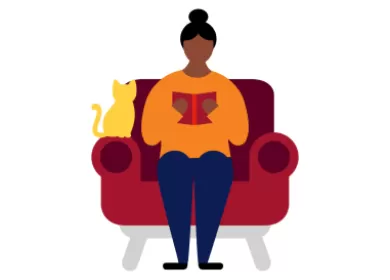 illustration of a woman seated on a couch reading a book