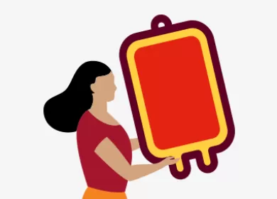 illustration of a woman holding a red blood pack