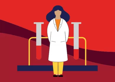 illustration of a scientist standing in front of test tubes