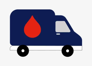 illustration of a blood transport truck with a red blood droplet symbol on the side of it