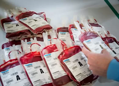a group of blood donation bags with labels are being examined by a scientist