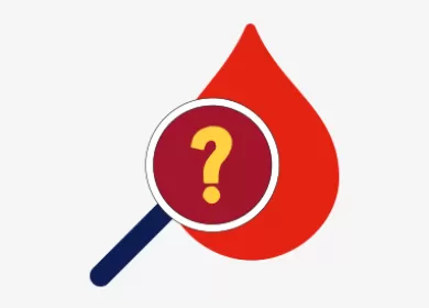 illustration of a red blood droplet with a magnifying glass over it with a question mark