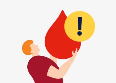 illustration of a man holding a large red blood droplet with an exclamation symbol in a yellow circle over it