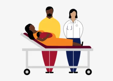 illustration of a woman lying on a stretcher holding a baby, a man and a doctor are standing alongside