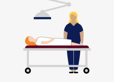 illustration of a patient lying on a stretcher with a doctor standing beside them, a ceiling lamp is above them