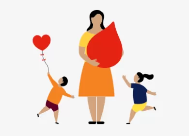 illustration of a a woman holding a big red blood droplet, two children are playing next to her, one of the children is holding a red balloon in the shape of a heart
