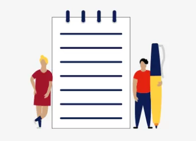 illustration of two people standing next to a large notepad and one of them is holding a pen
