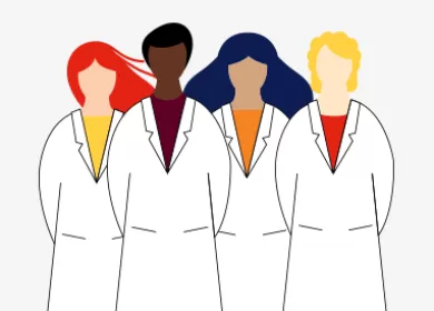 illustration of four scientists wearing white coats