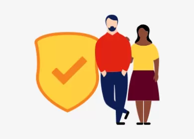 illustration of two people standing next to a shield with a check mark on it
