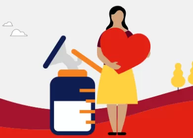 illustration of a woman wearing a yellow dress carrying a red love heart standing next to a breast milk pump