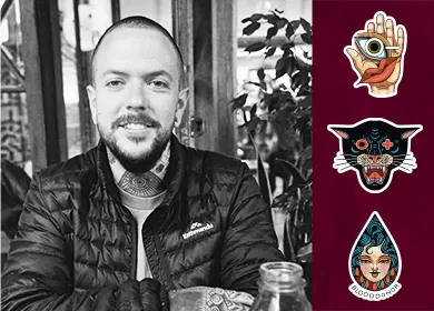 black and white photograph of tattoo artist James McKenna wearing a black jacket and smiling at the camera, the three tattoo designs are on the right