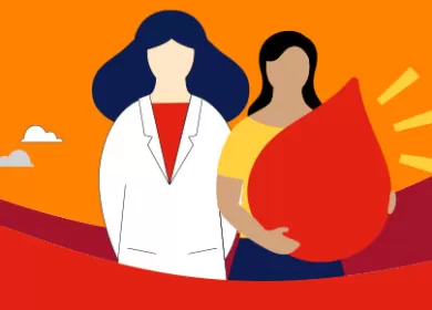 illustration of a scientist in a white lab coat standing alongside a woman holding a large red blood droplet