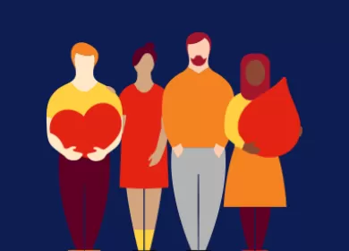 illustration of four people, one is holding a red loveheart and one is holding a red blood droplet