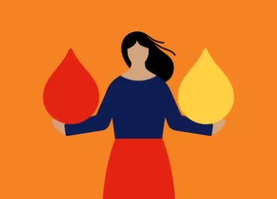 illustration of a woman holding up a red blood droplet in one arm and a yellow plasma droplet in the other