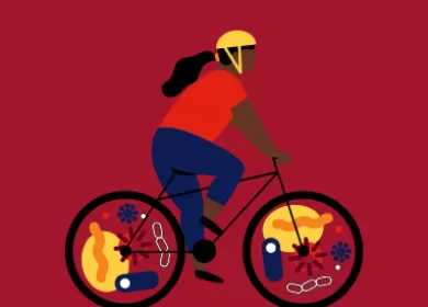 illustration of a person riding a bicycle, within the wheels are illustrations of microbiota