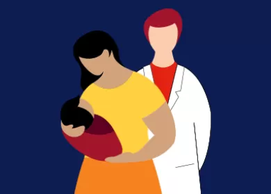 illustration of a mother holding a baby in her arms and a scientist wearing a white lab coat standing beside them