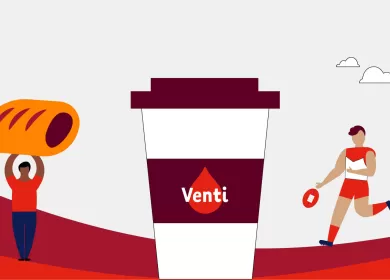 illustration of a man holding a sausage rolll, coffee cup, footy player and bus