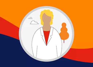 illustration of a health professional wearing a white lab coat in the centre of a stylised background