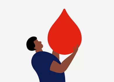 illustration of a person holding a red blood droplet above their head