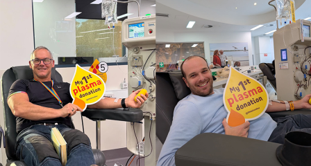 Two pictures of men donating plasma