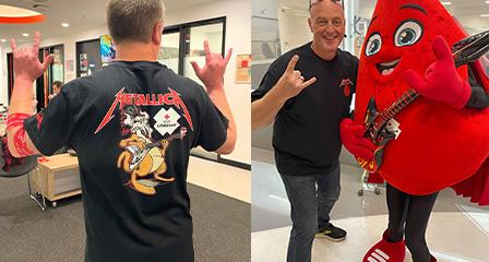 collage of blood donors wearing Metallica x Lifeblood t-shirts across donor centres in australia