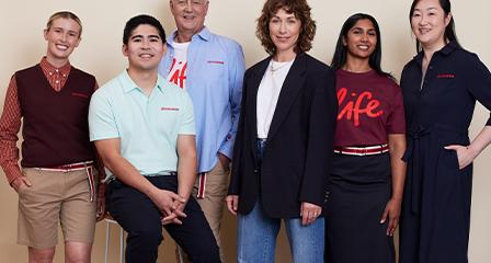 image of four Lifeblood team members wearing the new uniform capsule collection with Lisa Gorman