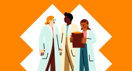 Three cartoon scientists standing together