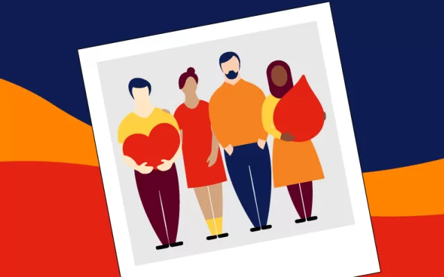 illustration of four people, one is carrying a big red heart symbol and one is carrying a big red blood droplet