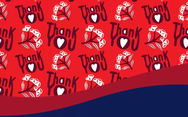 photo of the Madeleine Stamer design which is the words thank you with a love heart in the letter o, with a bracnhes motif on a red background