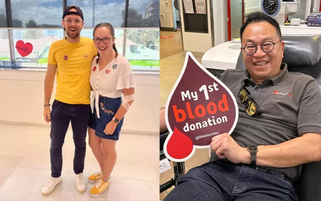 collage of a shoefie, whiteboard that says 'why i donate', male and female donor with their arms wrapped in a white bandage and a male donor holding up a sign saying 'first time blood donor'