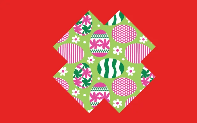 green and pink design with easter egg motif on a red background
