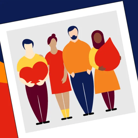 illustration of four people, one is holding a red loveheart and one is holding a red blood droplet