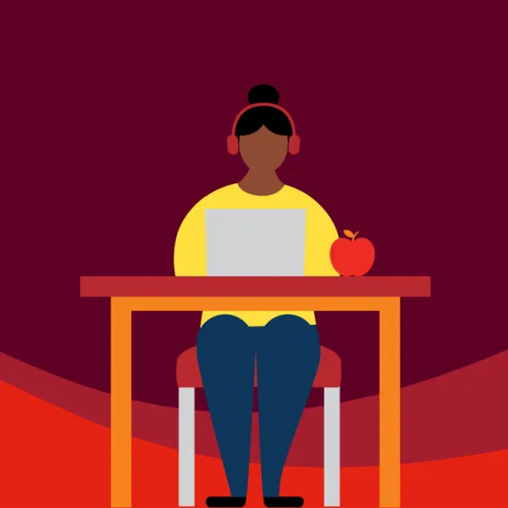 illustration of a lady sitting at a desk with a computer