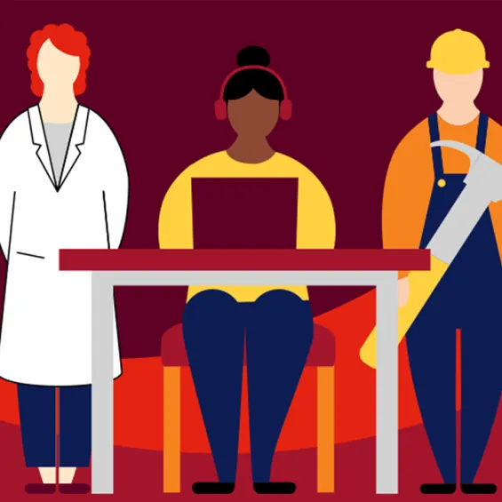 illustration of a scientist, person a laptop and a tradie