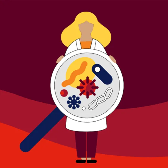 illustration of a scientist holding a magnifying glass showing microbiota