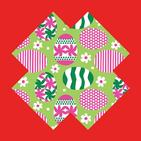 green and pink design with easter egg motif on a red background