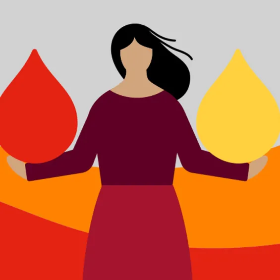 illustration of woman holding red and yellow droplets in each hand