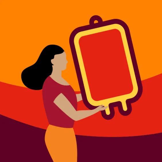 illustration of a lady holding a large bag of blood