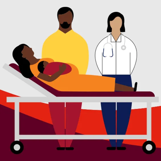 illustration of a pregnant woman lying on a bed with a doctor standing alongside