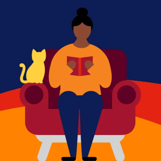 illustration of a woman sitting on a sofa reading a book