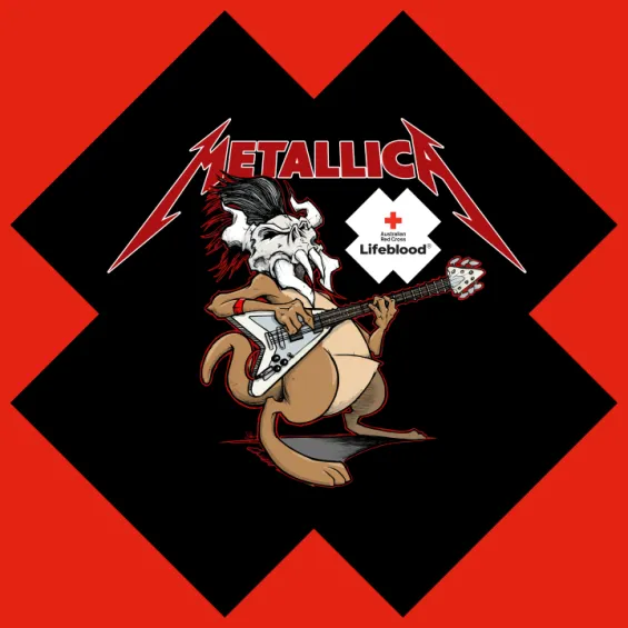 metallica and lifeblood logos with an illustration of a a kangaroo with a skull for a head playing guitar