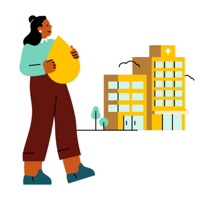 illustration of a person standing in front of a hospital holding a yellow droplet