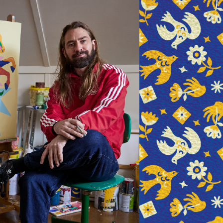 a man seated wearing a red jumper and blue jeans next to a bandage design