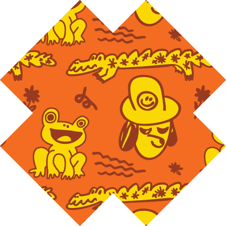 illustrations of animals in yellow on an orange background